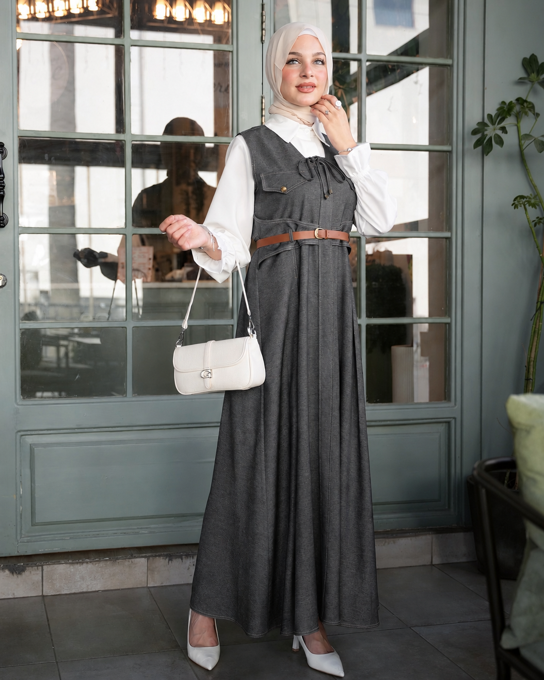 Long Dress with Belted Overshirt