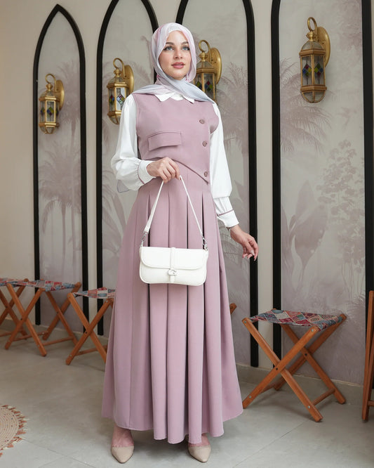 Long Two-Piece Dress with Blouse and Pleated Skirt