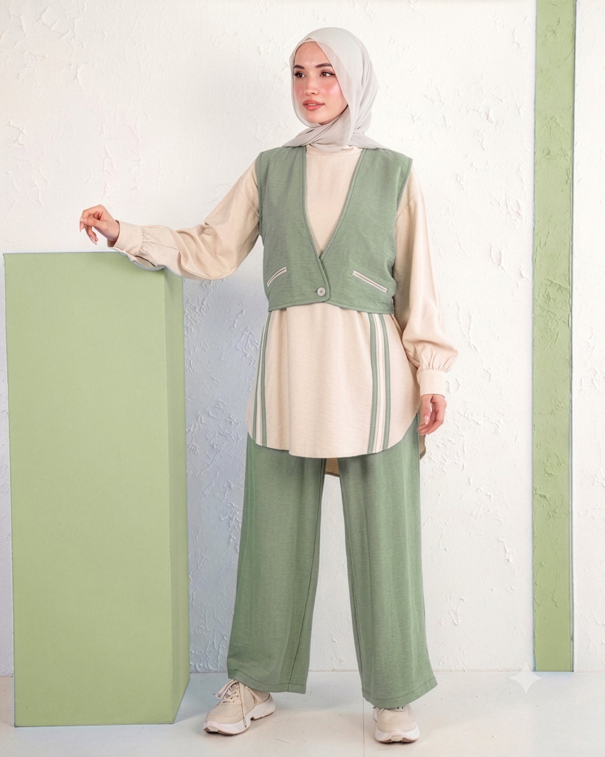 Three-Piece Set with Longline Vest