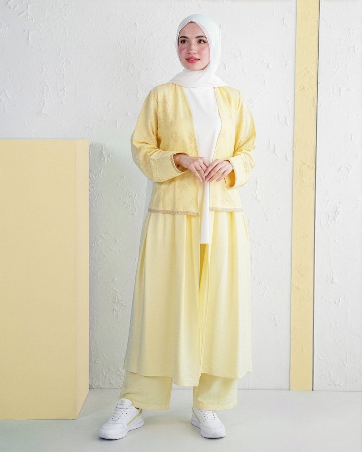 Three-Piece Set with Embroidered Kimono