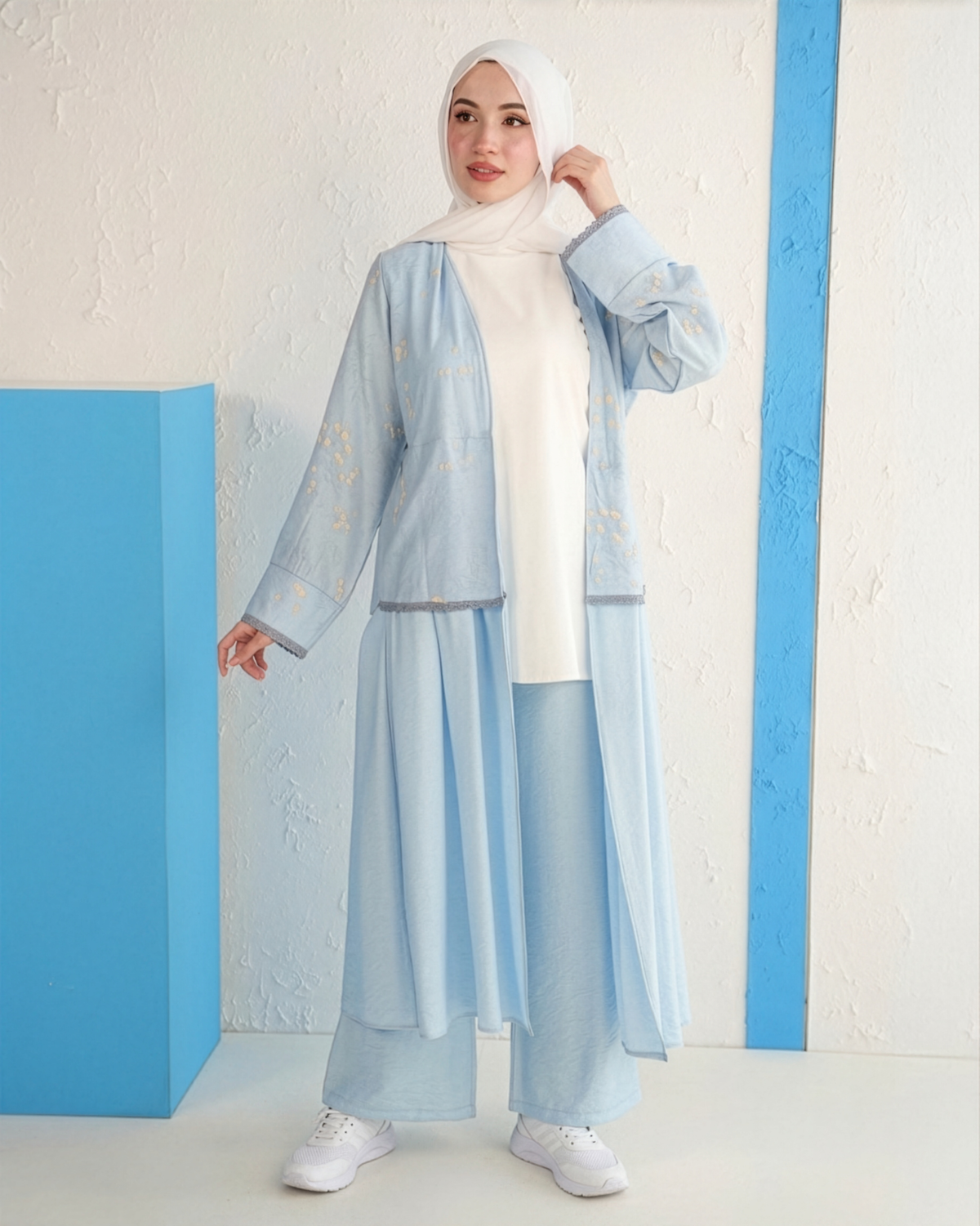 Three-Piece Set with Embroidered Kimono