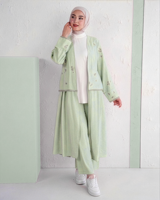 Three-Piece Set with Embroidered Kimono