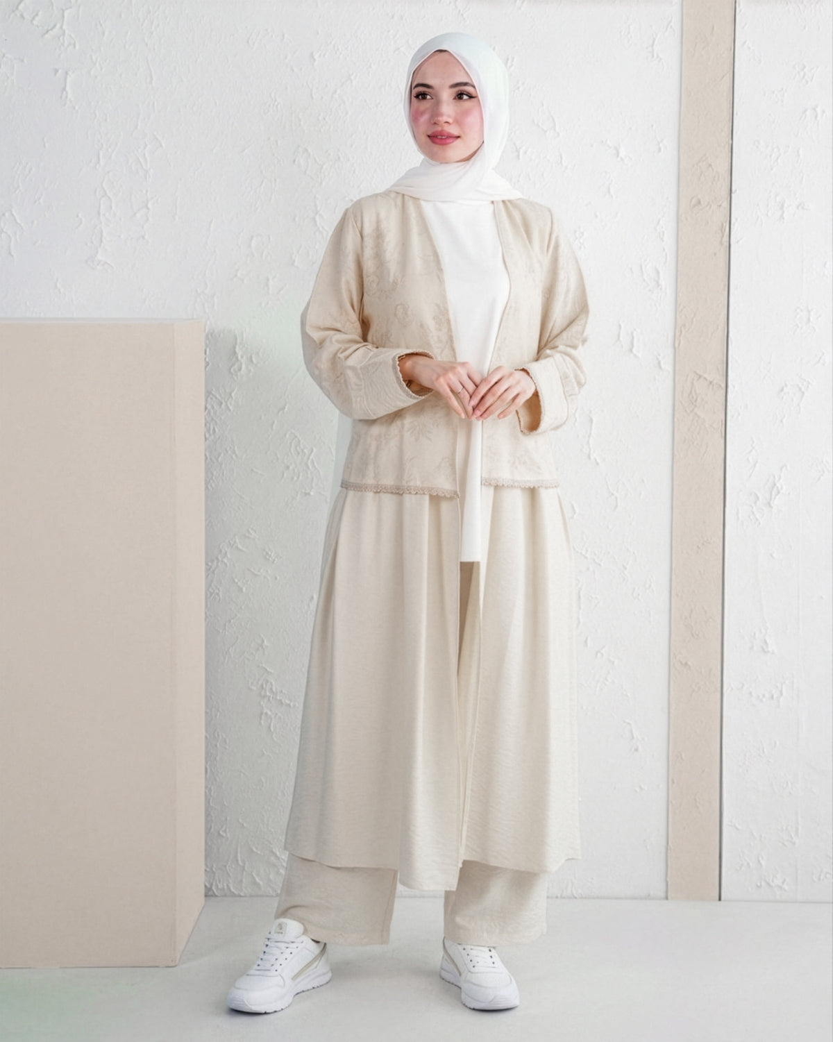 Three-Piece Set with Embroidered Kimono